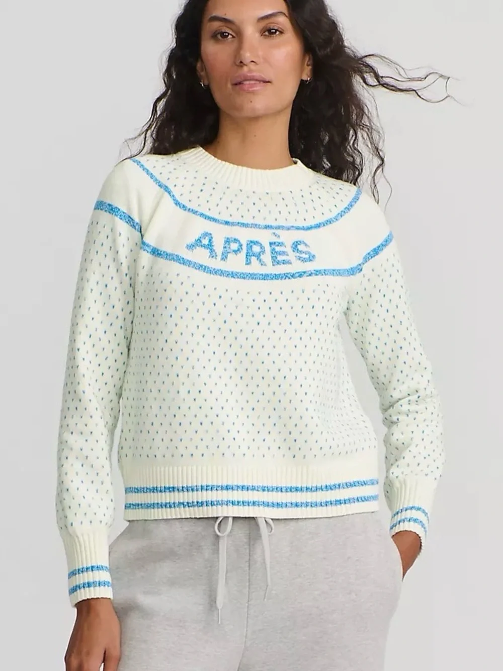 New NWT Lands' End White Sweater with Blue 'APRÈS' Detail The Drifter Pullover